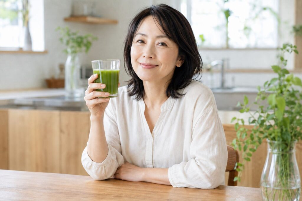 大麦若葉青汁を手にした女性